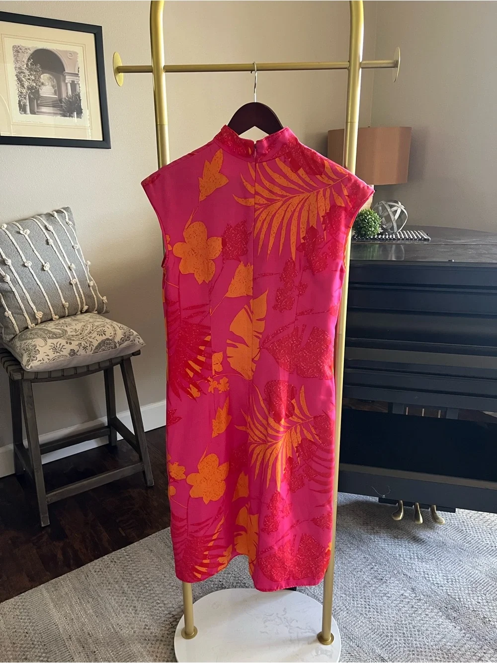 JS Collections vintage Pink and Orange Floral Mandarin-Collar silk Midi Dress